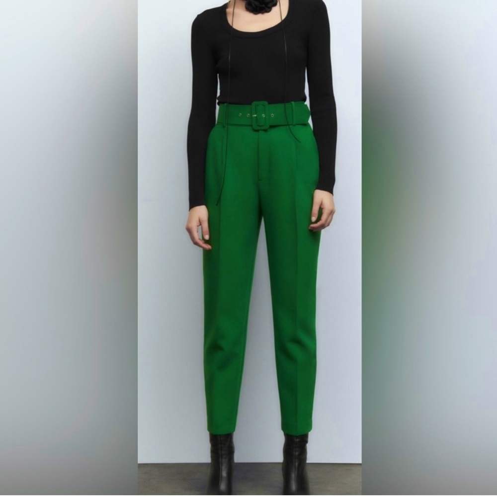 Zara Kelly Green High-waisted Belted Pants